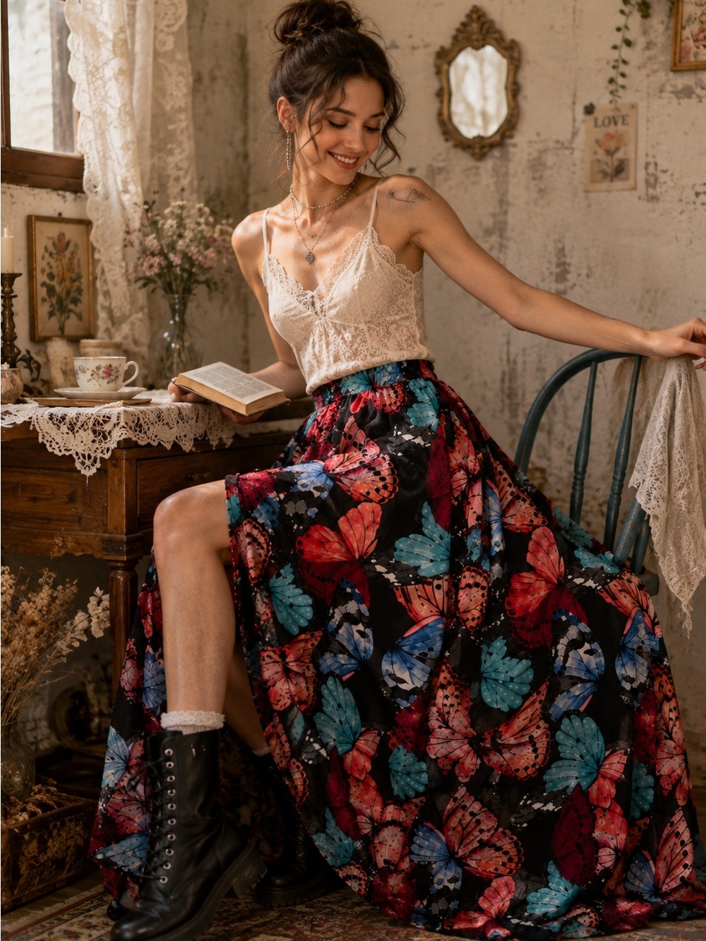 Butterfly Maxi Skirt Black Colorful Boho Fairycore Romantic Festival